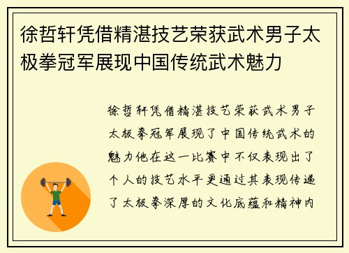 徐哲轩凭借精湛技艺荣获武术男子太极拳冠军展现中国传统武术魅力