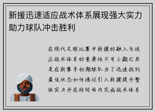 新援迅速适应战术体系展现强大实力助力球队冲击胜利