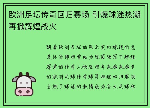 欧洲足坛传奇回归赛场 引爆球迷热潮再掀辉煌战火