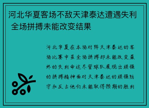 河北华夏客场不敌天津泰达遭遇失利 全场拼搏未能改变结果
