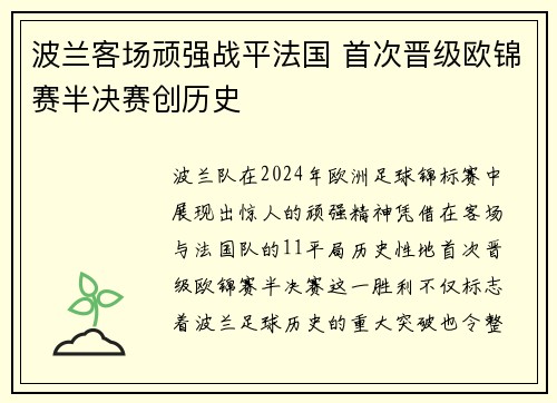 波兰客场顽强战平法国 首次晋级欧锦赛半决赛创历史