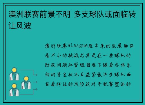 澳洲联赛前景不明 多支球队或面临转让风波