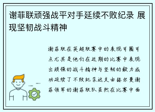 谢菲联顽强战平对手延续不败纪录 展现坚韧战斗精神